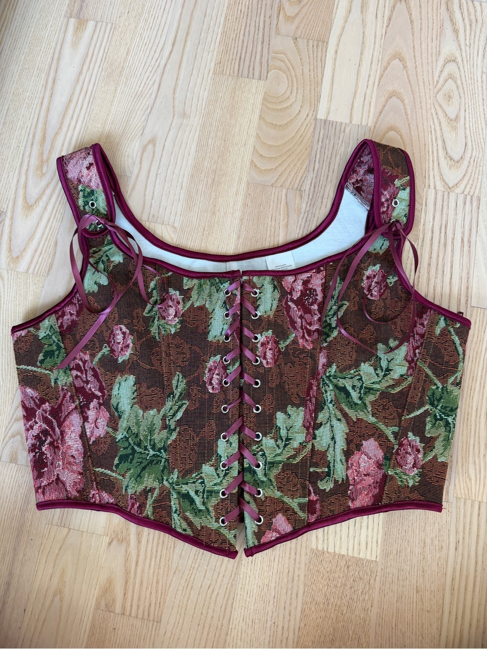 Floral Lace-Up Brocade Corset Top in Burgundy and Green